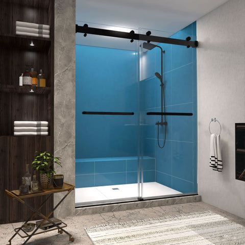 Arba 76" Tall Double Door Shower Door Aluminum and Glass in Matte Black