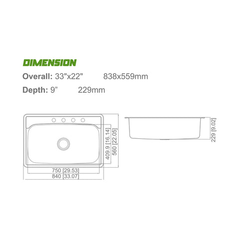 Drop-In Brushed Stainless Steel Single Bowl 4-Hole Kitchen Sink APX-1032