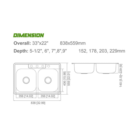 Drop-In Stainless Steel Double Equal Bowl 4-Hole Kitchen Sink APX-2005
