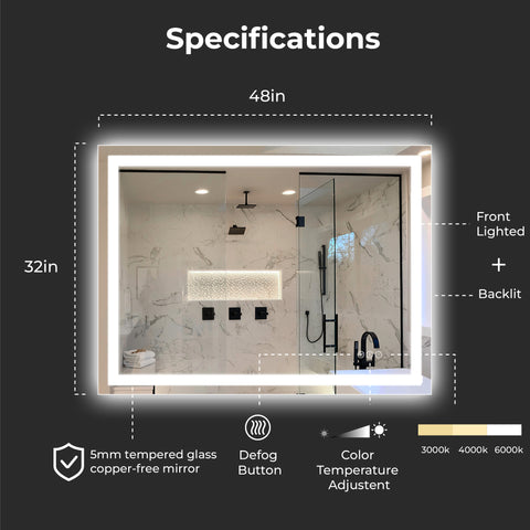 48 x 32 Inch LED Bathroom Mirror with Backlight – Modern Wall Vanity Mirror