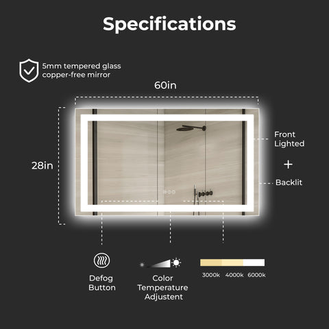 60 x 28 Inch LED Bathroom Mirror – Where Light Meets Precision and Quiet Luxury