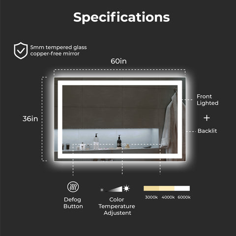 60 x 36 Inch LED Bathroom Mirror with Dual Lighting & Anti-Fog – Smart Touch Wall Vanity Mirror