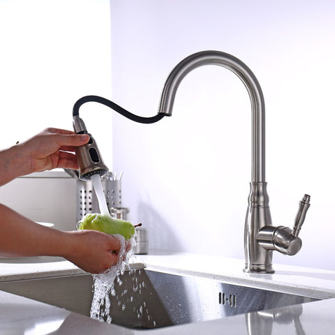 Bruhed Nickle Single Handle Pull-Down Kitchen Faucet