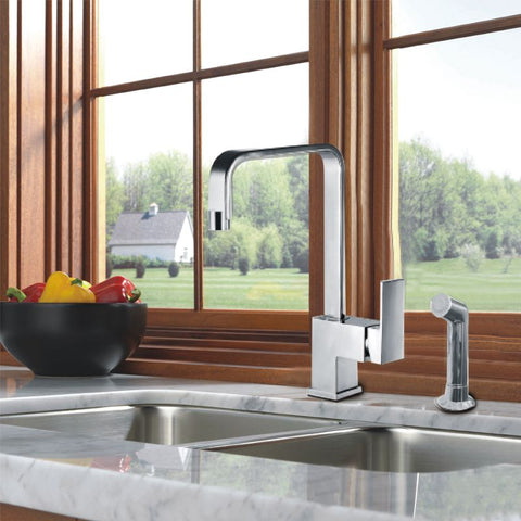 Brushed Nickel Single Lever Square Kitchen Faucet with Side Sprayer Head