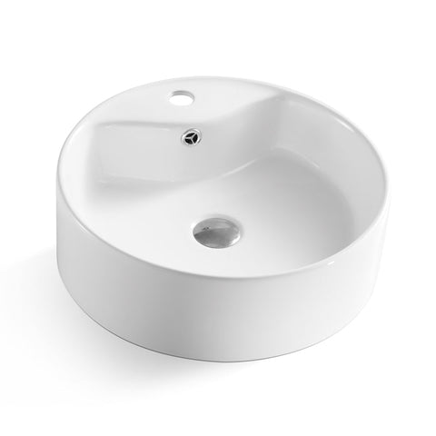 Glossy White Ceramic Circular Vessel Bathroom Sink with Overflow