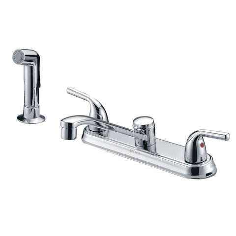Chrome Double Handle Low-arc Kitchen Faucet with Deck Plate and Side Spray Included