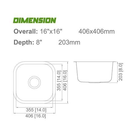 Undermount Stainless Steel Single Bowl Kitchen Sink APX-FD1616