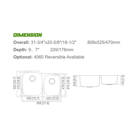 Undermount Brushed Stainless Steel Double Offset Bowl Kitchen Sink APX-FD2001R
