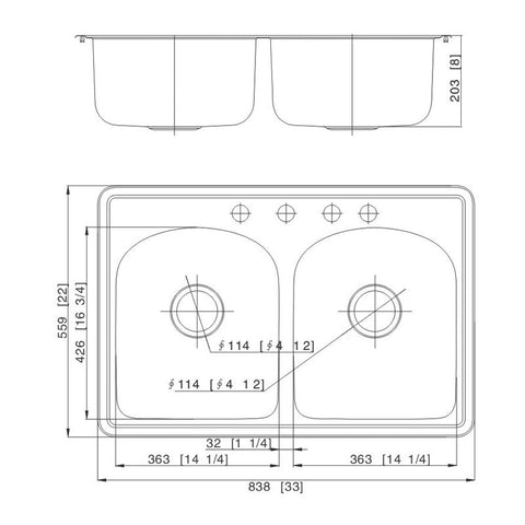 Drop-In Stainless Steel Double Equal Bowl 4-Hole Kitchen Sink