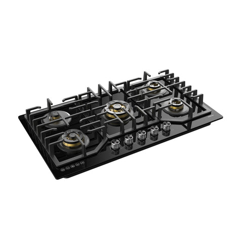 ROBAM Black Gold Series 36 in. 5-Burner 37,200 BTU Gas Cooktop with Brass Burners, Power Burner at 17,000 BTU, Waterproof from Water & Residues, Continuous Grates, Safety Flame Shutoff