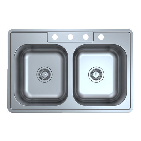 Drop-In 33-in x 22-in Stainless Steel Double Equal Bowl 4-Hole Kitchen Sink