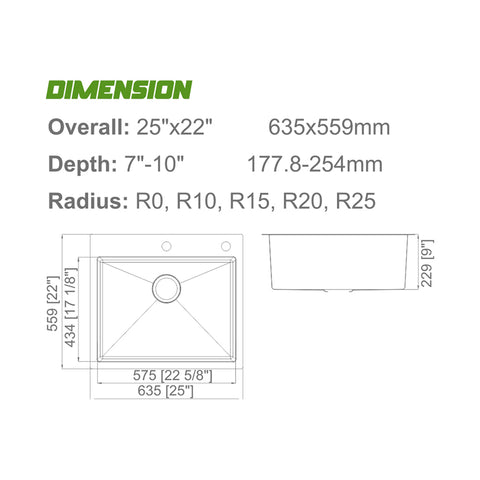 Undermount 304 Stainless Steel Single Bowl Handmade Sink APX-T2522S-S