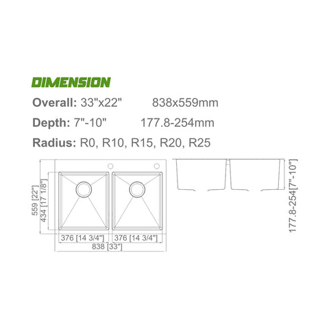 Undermount 304 Stainless Steel Double Bowl Handmade Sink APX-T3322H-S