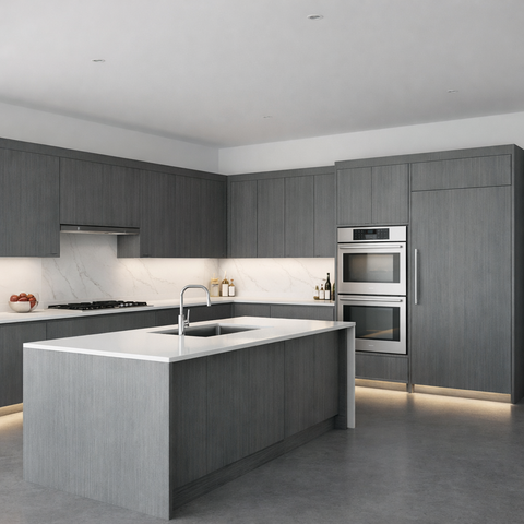 Textured Gray Slab Doors Frameless Style Kitchen Cabinets