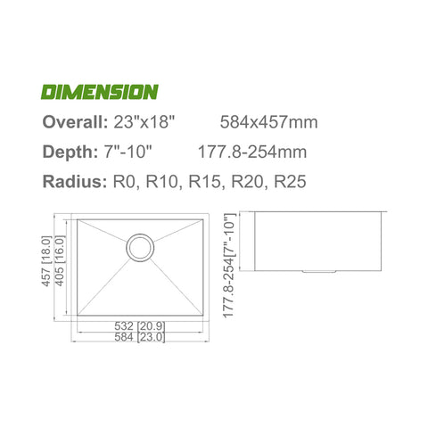 Undermount 304 Stainless Steel Single Bowl Handmade Sink APX-U2318SS
