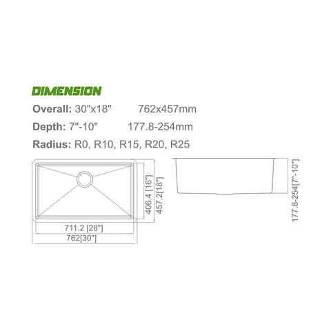 Undermount 304 Stainless Steel Single Bowl Handmade Sink APX-U3018SS