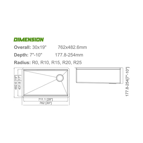 Undermount 304 Stainless Steel Single Bowl Handmade Sink APX-U3019S-L