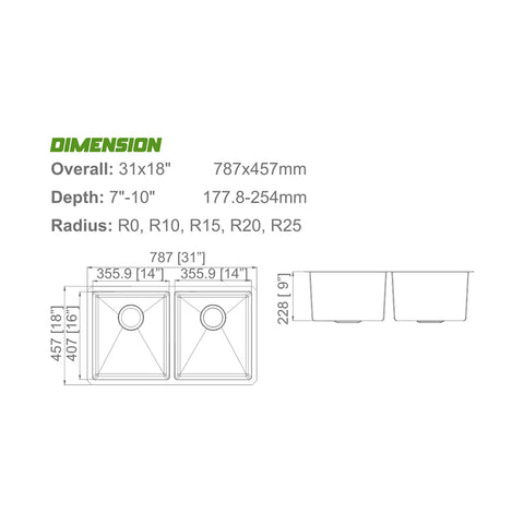Undermount 304 Stainless Steel Double Bowl Handmade Sink APX-U3118H