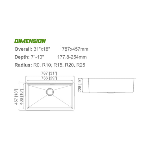 Undermount 304 Stainless Steel Single Bowl Handmade Sink APX-U3118SS