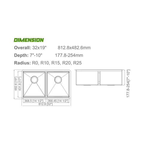 Undermount Brushed Stainless Steel Double Equal Bowl Kitchen Sink APX-U3219H-L