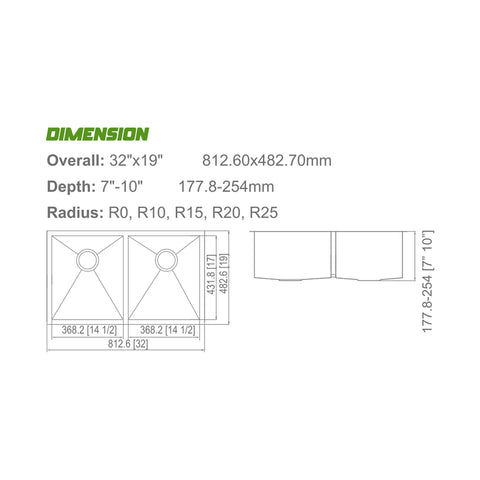 Undermount Brushed Stainless Steel Double Equal Bowl Kitchen Sink APX-U3219HS