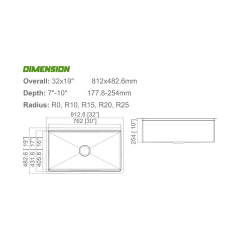 Undermount 304 Stainless Steel Single Bowl Handmade Sink APX-U3219S-L