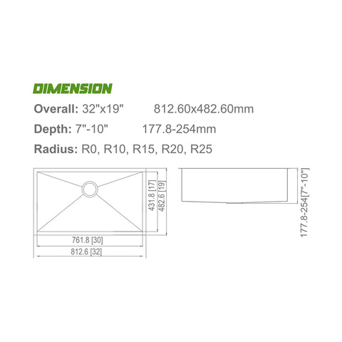 Undermount 304 Stainless Steel Single Bowl Handmade Sink APX-U3219SS