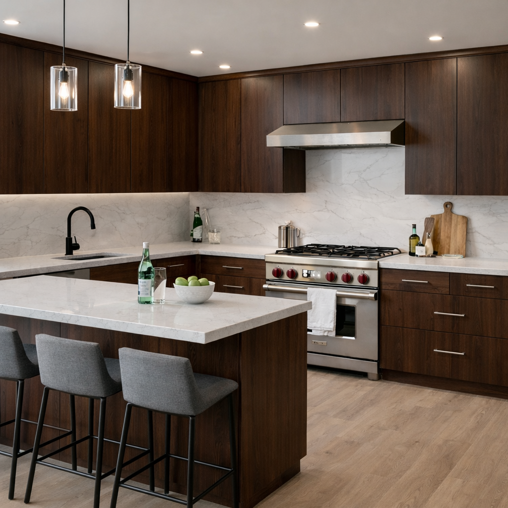 Luxury Walnut Frameless Kitchen Cabinets | Euro Style CA | Apex Granite ...