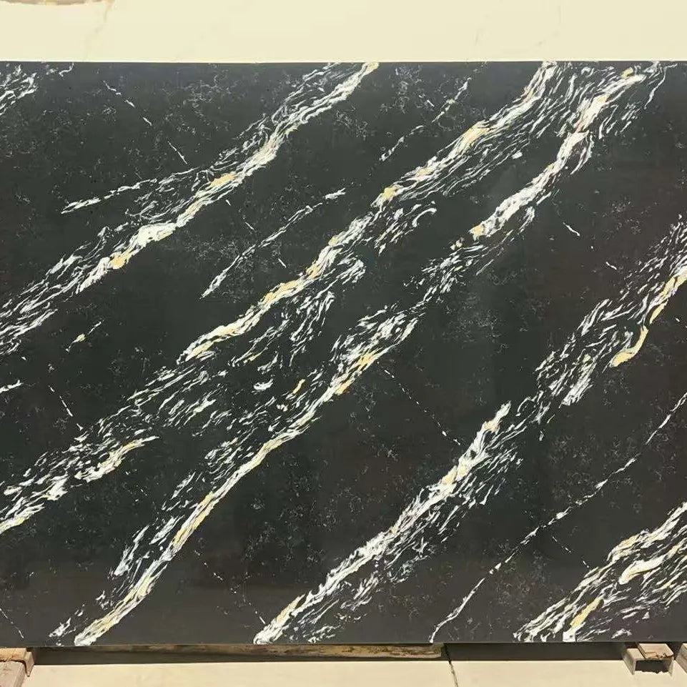 Midnight Cascade engineered stone with dramatic white and gold veining on dark charcoal background