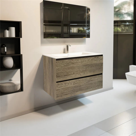 Modern Wall-Mounted Oak Wood Bathroom Vanity with Integrated Sink