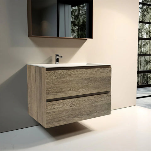 Modern Wall-Mounted Oak Wood Bathroom Vanity with Integrated Sink