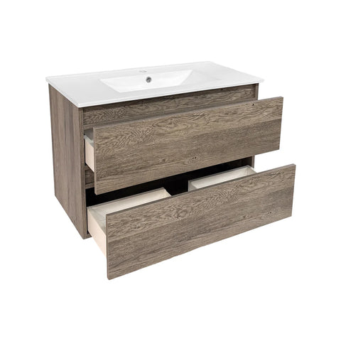 Modern Wall-Mounted Oak Wood Bathroom Vanity with Integrated Sink