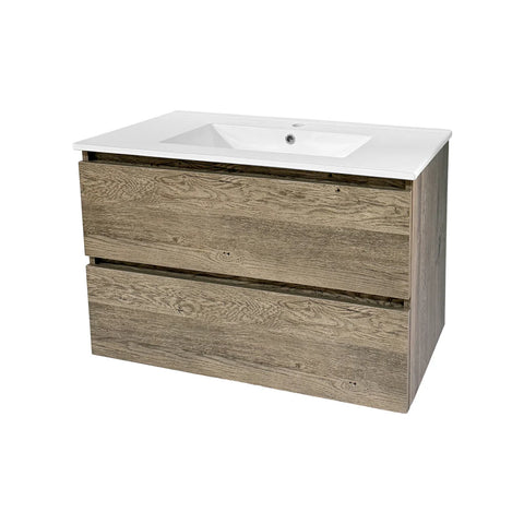 Modern Wall-Mounted Oak Wood Bathroom Vanity with Integrated Sink