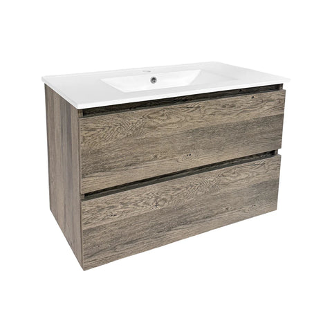 Modern Wall-Mounted Oak Wood Bathroom Vanity with Integrated Sink