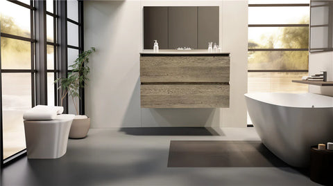 Modern Wall-Mounted Oak Wood Bathroom Vanity with Integrated Sink