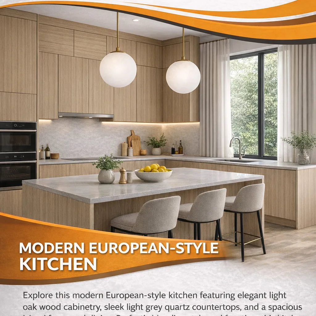Light oak Shaker-style kitchen cabinets with quartz countertop island
