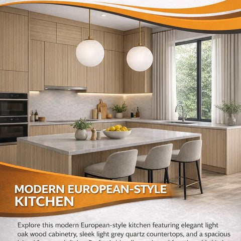 Light oak Shaker-style kitchen cabinets with quartz countertop island
