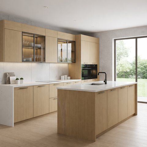 Natural Oak Flat Panel Euro Style Kitchen Cabinets