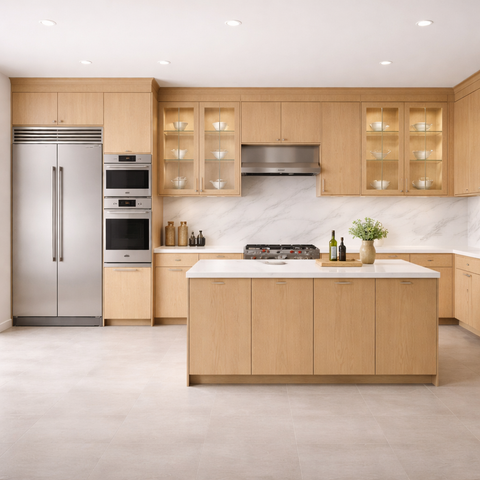 Natural Oak Flat Panel Euro Style Kitchen Cabinets