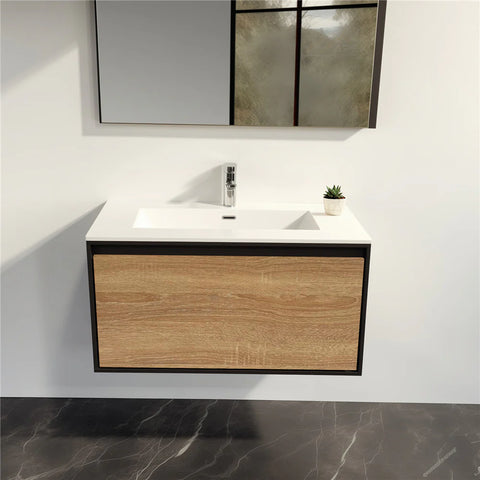 Modern Wall-Mounted Bathroom Vanity Cabinet with Wood Front Panel