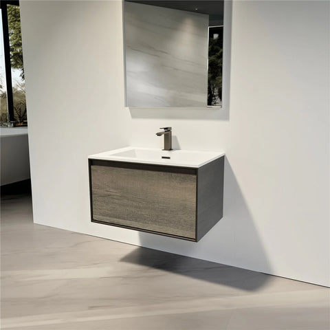 Modern Wall-Mounted Bathroom Vanity Cabinet with Gray Wood Front Panel