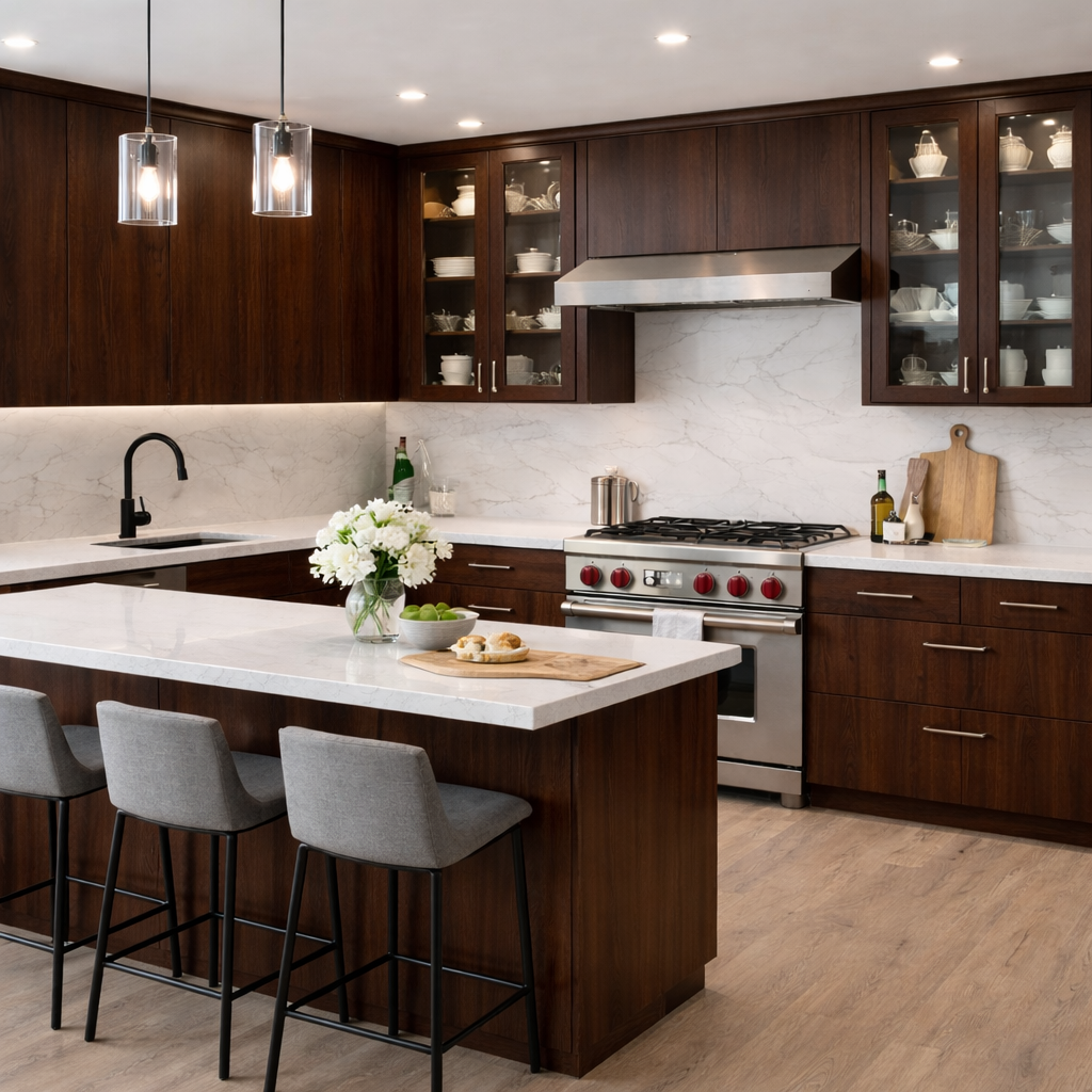 Luxury Walnut Frameless Kitchen Cabinets | Euro Style CA | Apex Granite ...