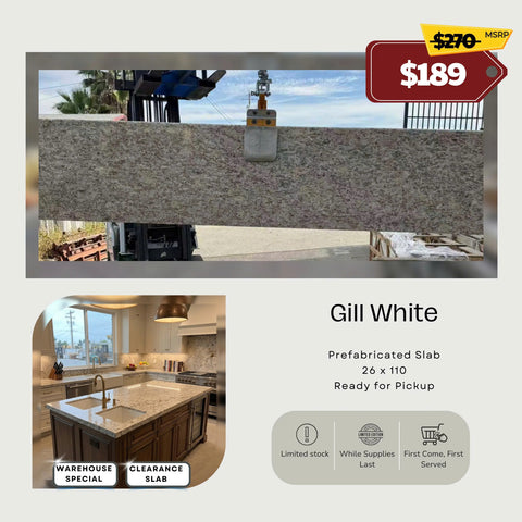 Gill White Prefabricated Granite Slab 26" x 110" – Affordable Kitchen Countertop Clearance