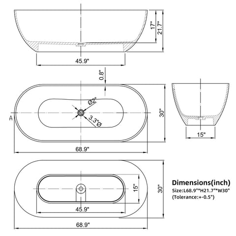 Arba 69" x 30" Freestanding Solid Surface Bathtub in Matte White