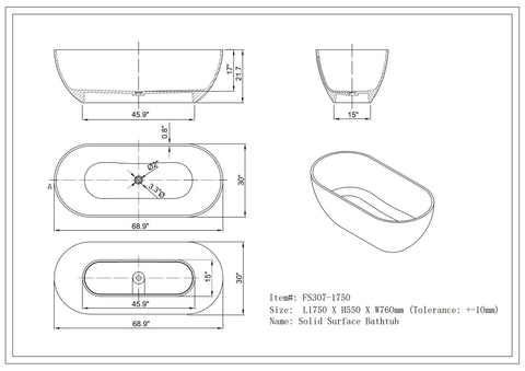 Arba 69" x 30" Freestanding Solid Surface Bathtub in Matte White