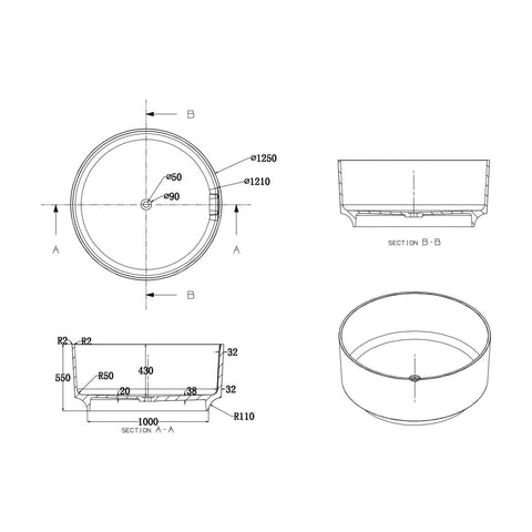 Arba 49" x 49" Circular Freestanding Solid Surface Bathtub in Matte White