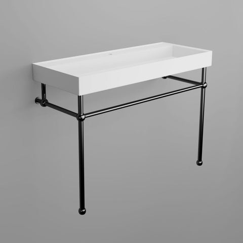 Arba 47" x 19" Rectangular Solid Surface Basin With Matte White Sink and Black Stainless Steel Stand