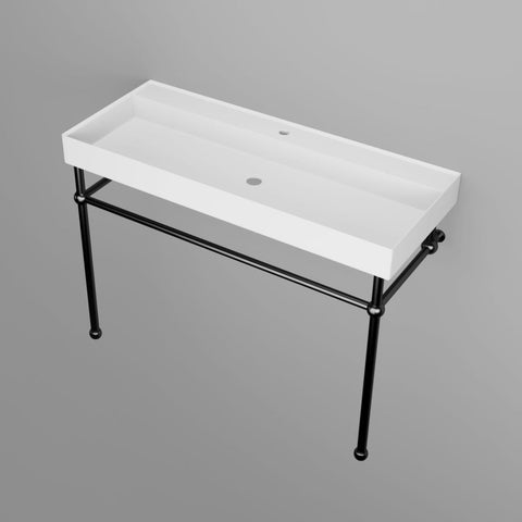 Arba 47" x 19" Rectangular Solid Surface Basin With Matte White Sink and Black Stainless Steel Stand