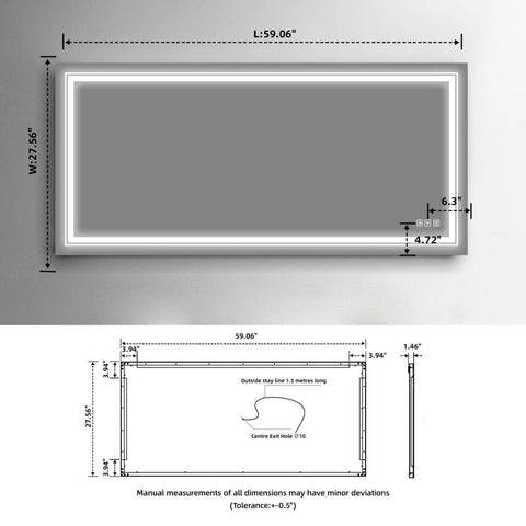Arba 60" x 28" Frameless Rectangular Anti-Fog Adjustable LED Ligtht Bathroom Vanity Mirror With Aluminum Alloy Back Frame