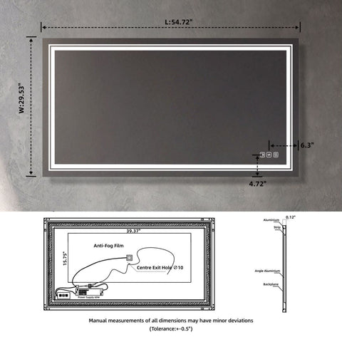 Arba 55" x 30" Frameless Rectangular Anti-Fog Adjustable LED Ligtht Bathroom Vanity Mirror With Aluminum Alloy Back Frame